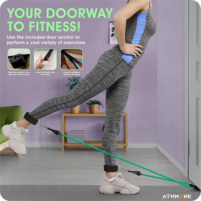 Athmonk Resistance Tube Band Set of 11 pcs - Resistance Bands for Men Women - with Toning Tubes, Door Anchor, Foam Handles, Ankle Straps, Workout Guide - 150 lbs